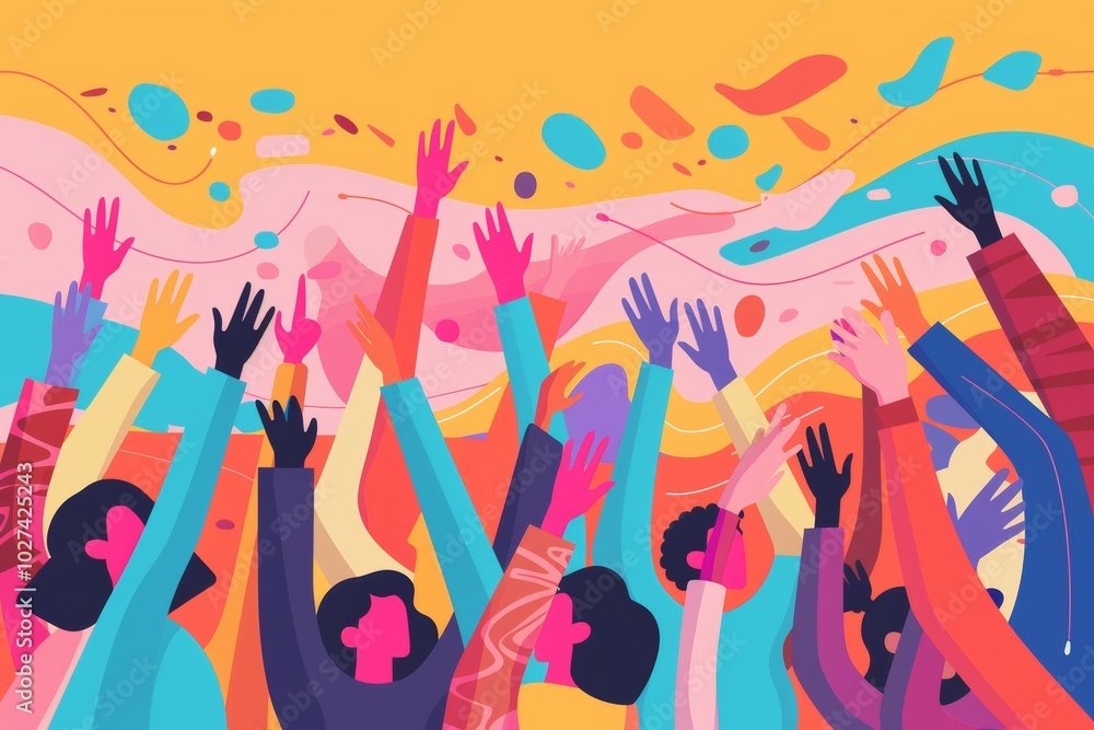 Colorful crowd celebrating with raised hands in artistic style Colorful crowd celebrating with raised hands in artistic style