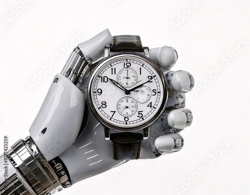 A sophisticated robotic hand is holding a classic analog clock,generative ai