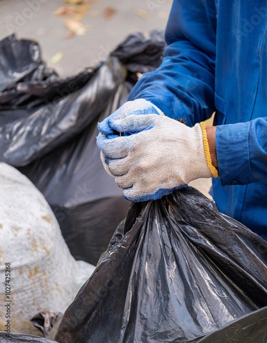 A sanitation worker wearing a safety uniform is busy collecting rubbish, generative ai photo