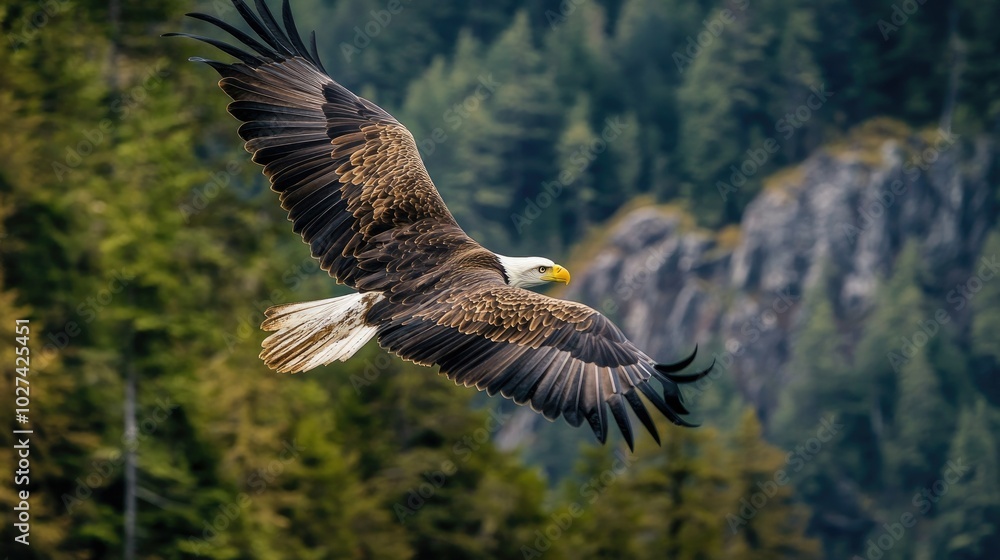 Obraz premium Majestic Eagle in Flight Over Forest Landscape