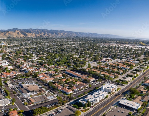 Aerial view of Riverside's downtown area, showing urban buildings, generative ai