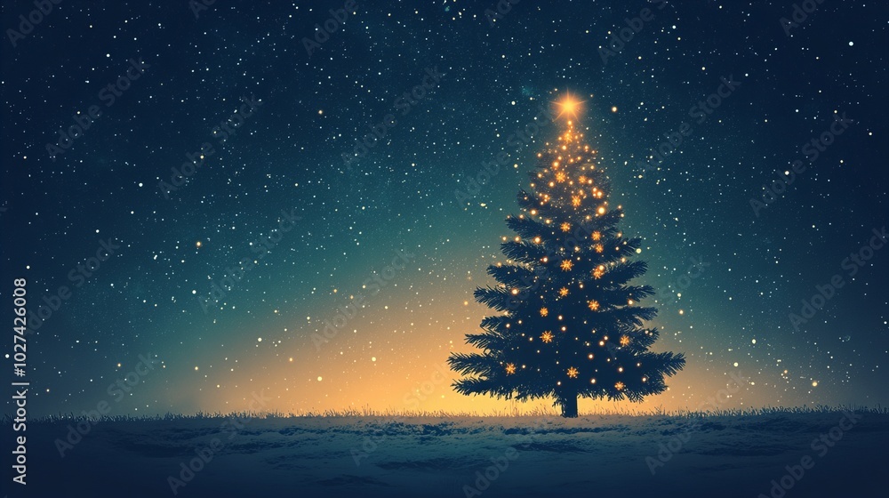 A lone Christmas tree stands tall against a backdrop of twinkling stars, radiating warmth and festive cheer. A lone Christmas tree stands tall against a backdrop of twinkling stars, radiating warmth and festive cheer.