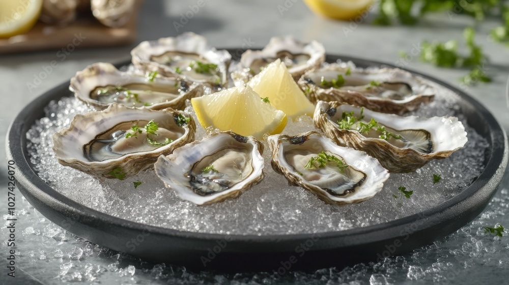 A plate of fresh oysters on ice, garnished with lemon wedges and parsley. A plate of fresh oysters on ice, garnished with lemon wedges and parsley.