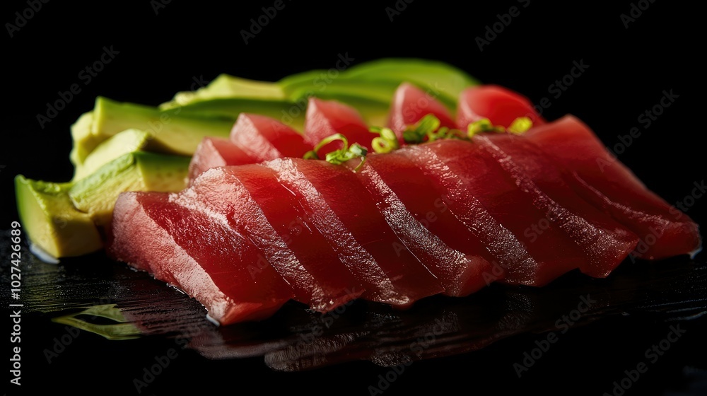 Fresh Slices of Tuna with Avocado on Elegant Plate Fresh Slices of Tuna with Avocado on Elegant Plate