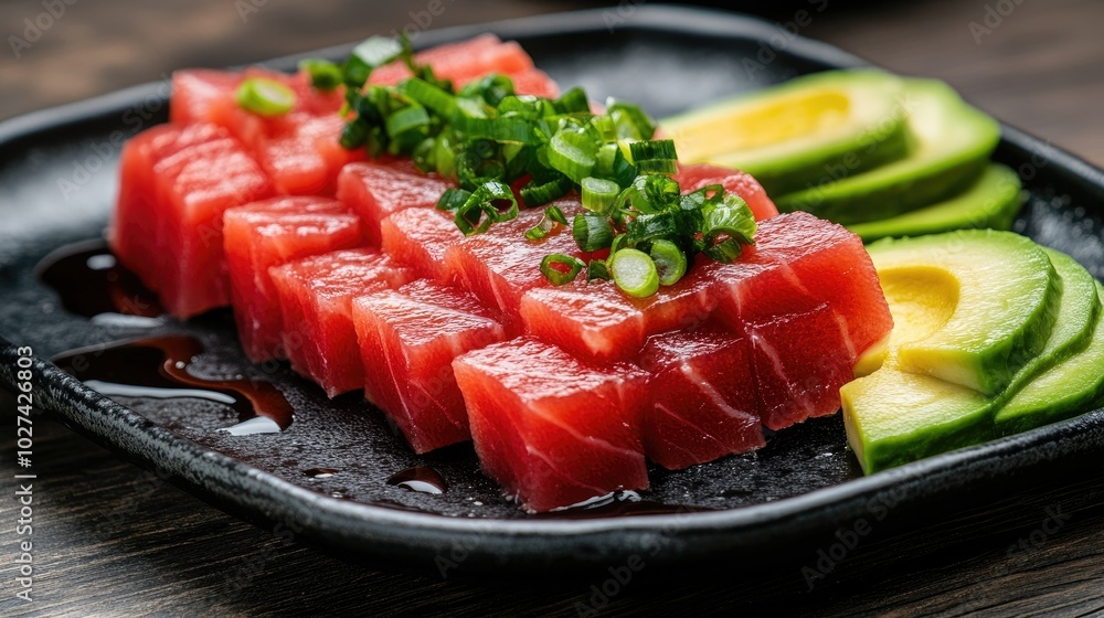 Fresh Slices of Tuna with Avocado and Green Onion Fresh Slices of Tuna with Avocado and Green Onion