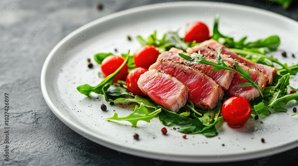 Fresh Tuna Steak with Tomatoes on a Bed of Greens Fresh Tuna Steak with Tomatoes on a Bed of Greens