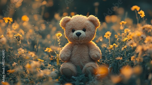 Cute Teddy Bear Surrounded by Colorful Flowers
