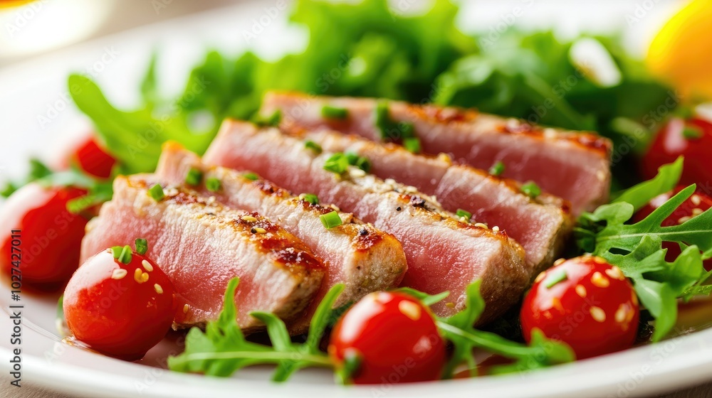 Fresh Tuna Steak with Cherry Tomatoes and Greens Fresh Tuna Steak with Cherry Tomatoes and Greens