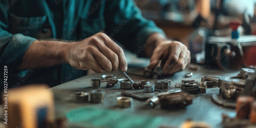 A skilled craftsman, surrounded by precision tools, carefully assembles a small mechanical device, highlighted by ambient light, symbolizing skill and dedication in craftwork. A skilled craftsman, surrounded by precision tools, carefully assembles a small mechanical device, highlighted by ambient light, symbolizing skill and dedication in craftwork.