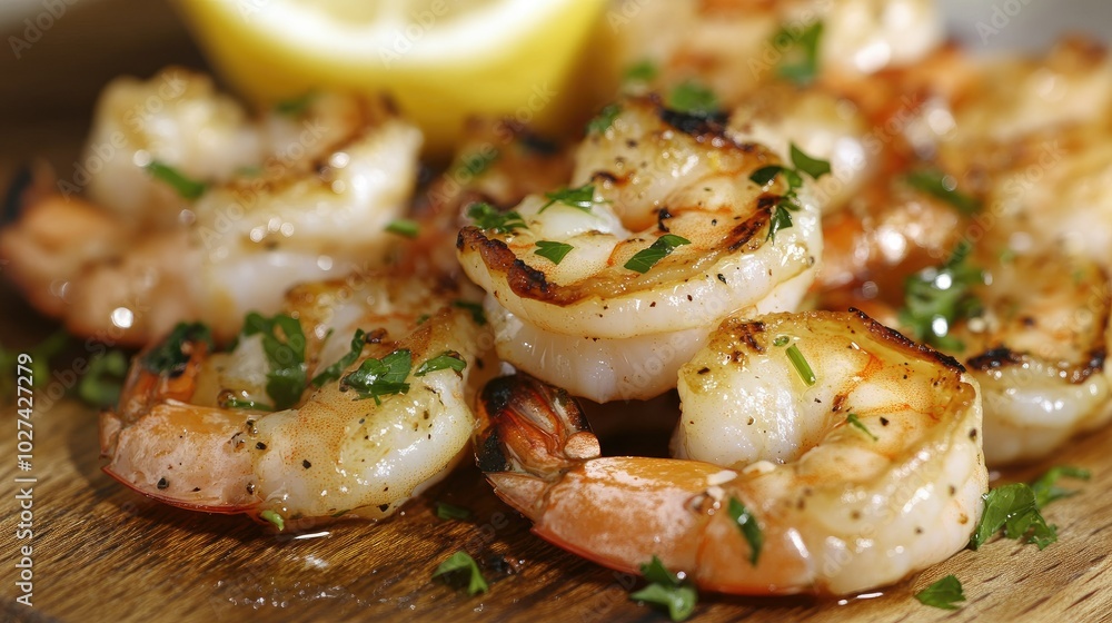Grilled Shrimp with Lemon and Herbs on Wooden Plate Grilled Shrimp with Lemon and Herbs on Wooden Plate