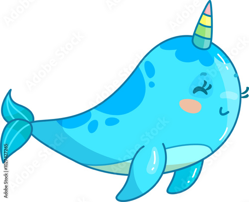 A charming blue narwhal glides gracefully through the ocean adorned with a colorful tusk and an adorable expression embodying a joyful underwater spirit.