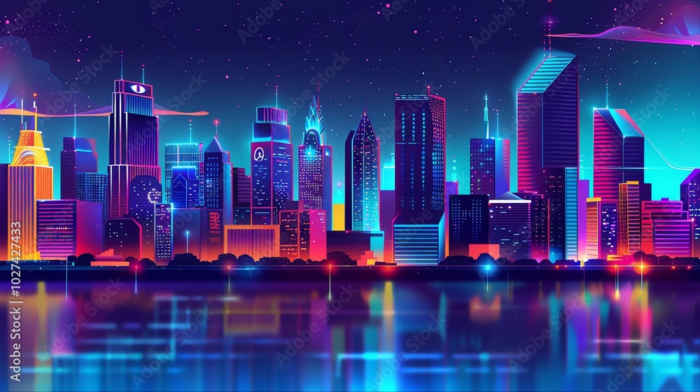 A colorful illustration of a futuristic city skyline with neon lights. A colorful illustration of a futuristic city skyline with neon lights.