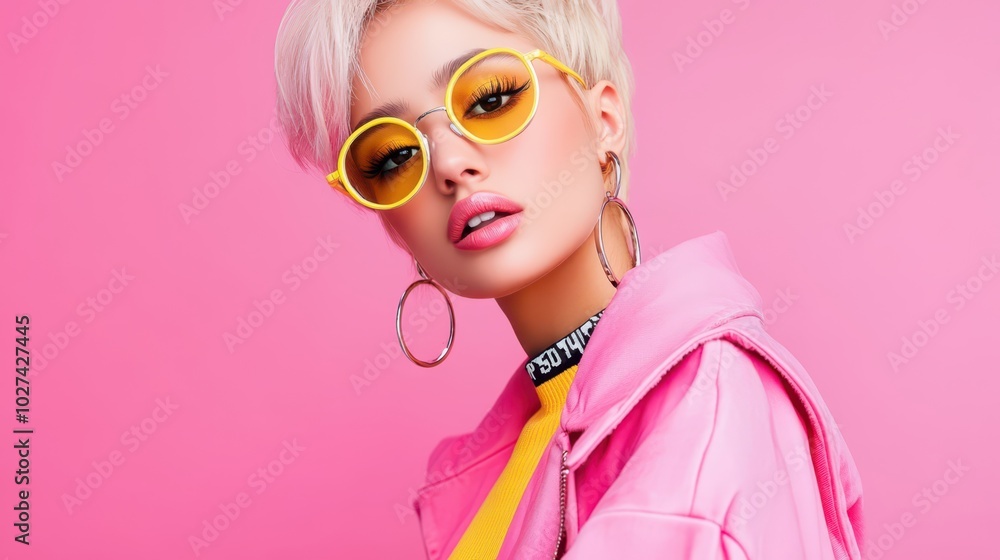 Striking portrait of a fashion model with glitch art effects and neon jewelry against a minimalist pink background Striking portrait of a fashion model with glitch art effects and neon jewelry against a minimalist pink background