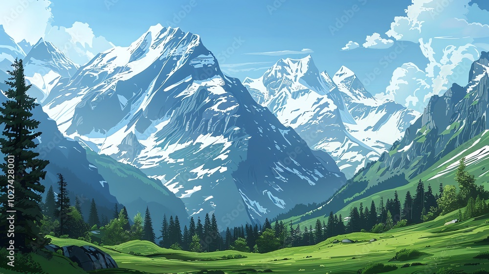 A cartoon illustration of a mountain valley with a green meadow and blue sky. A cartoon illustration of a mountain valley with a green meadow and blue sky.