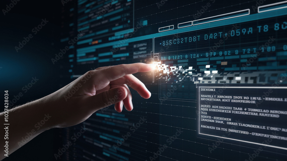 Hand interacting with digital data interface Hand interacting with digital data interface