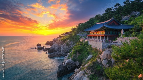 Serene Coastal Temple at Sunset Overlooking the Ocean