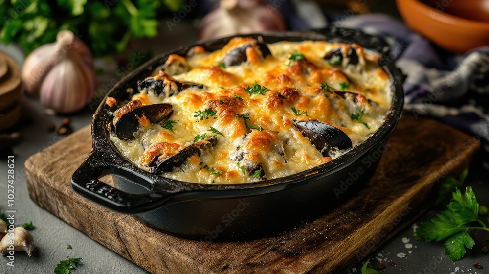 Baked Mussels with Cheese in Cast Iron Dish Baked Mussels with Cheese in Cast Iron Dish