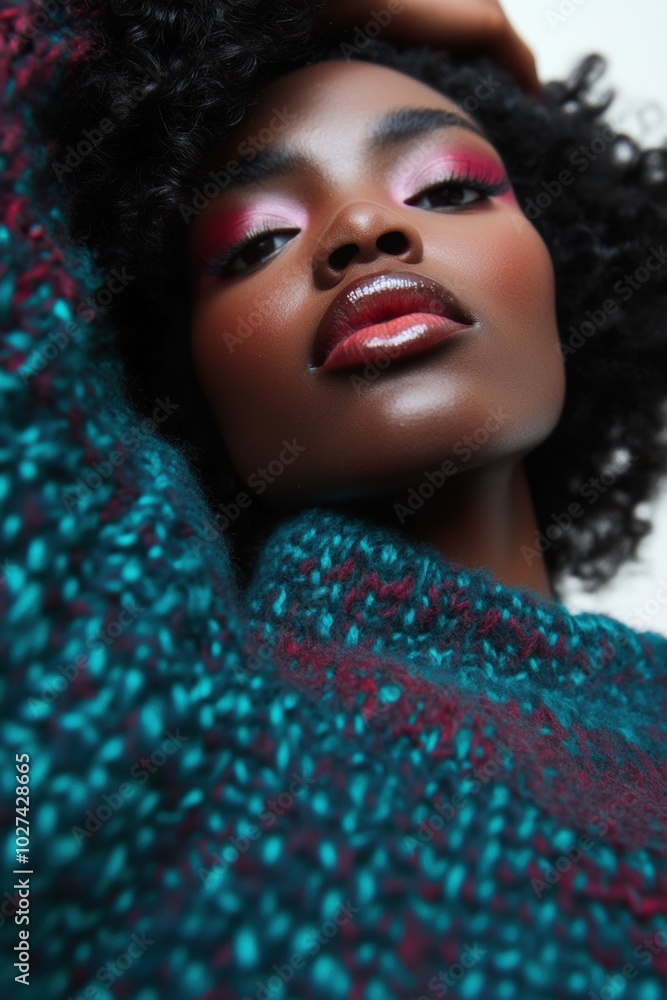 Close-up portrait of a woman with vibrant makeup and colorful sweater, exuding confidence; ideal for beauty and fashion themes. Close-up portrait of a woman with vibrant makeup and colorful sweater, exuding confidence; ideal for beauty and fashion themes.