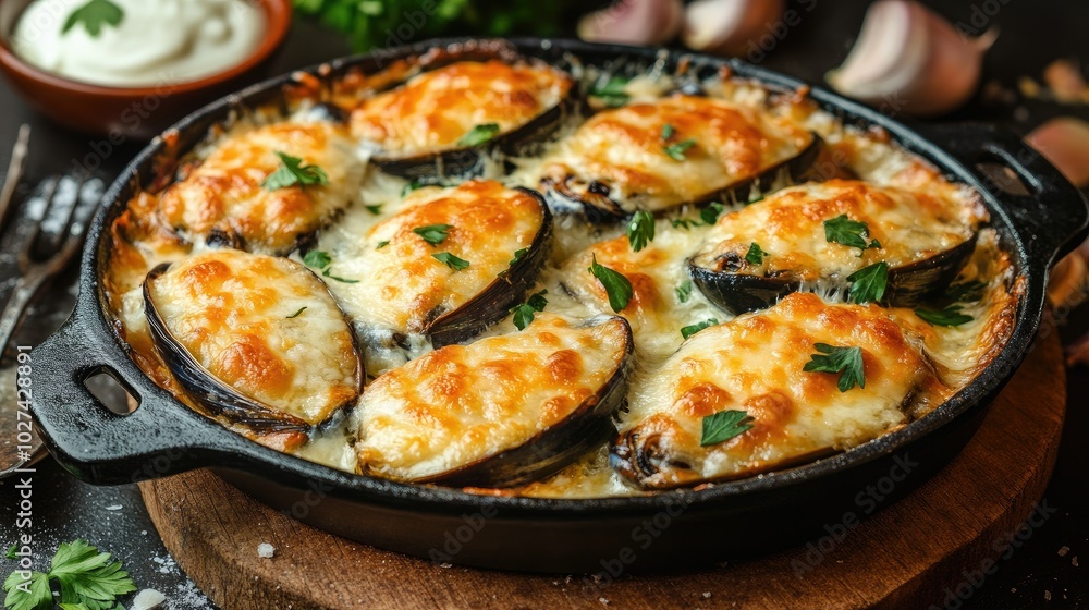 Baked Eggplant with Cheese and Herbs in a Skillet Baked Eggplant with Cheese and Herbs in a Skillet