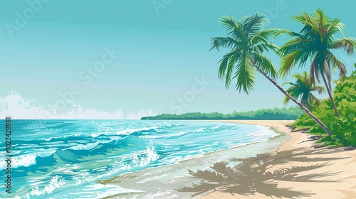 A tropical beach with palm trees and blue water.