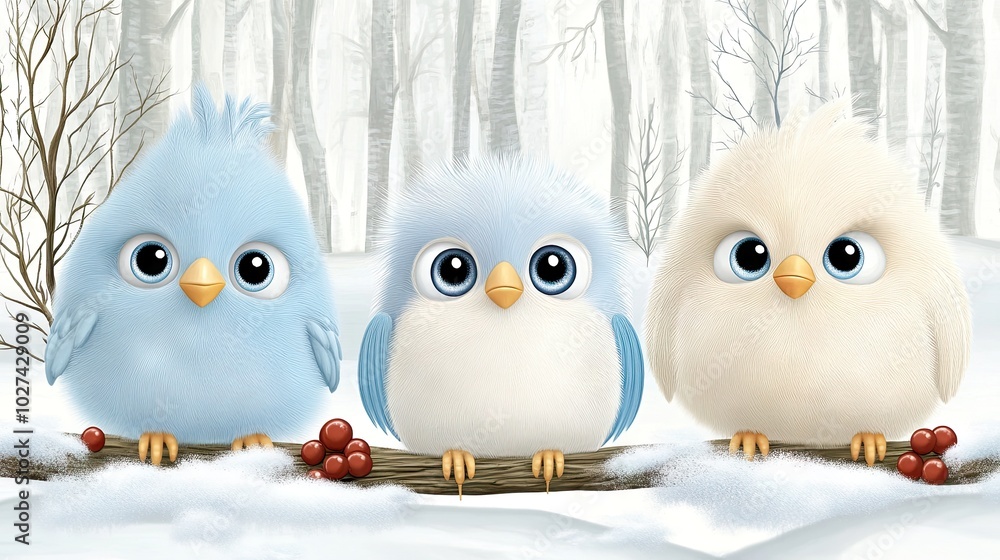 Fototapeta premium Delightful cartoon baby birds perched on winter berry branches against a magical snowy backdrop in vibrant colors and high detail