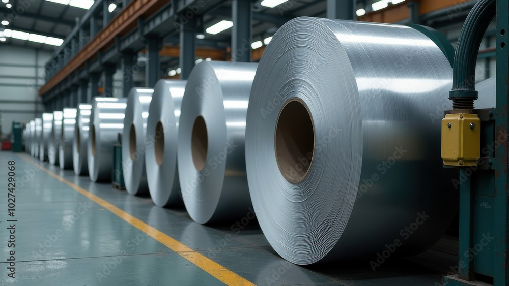 Rows of large aluminum coils in a manufacturing facility during daytime, highlighting the scale of metal production Rows of large aluminum coils in a manufacturing facility during daytime, highlighting the scale of metal production