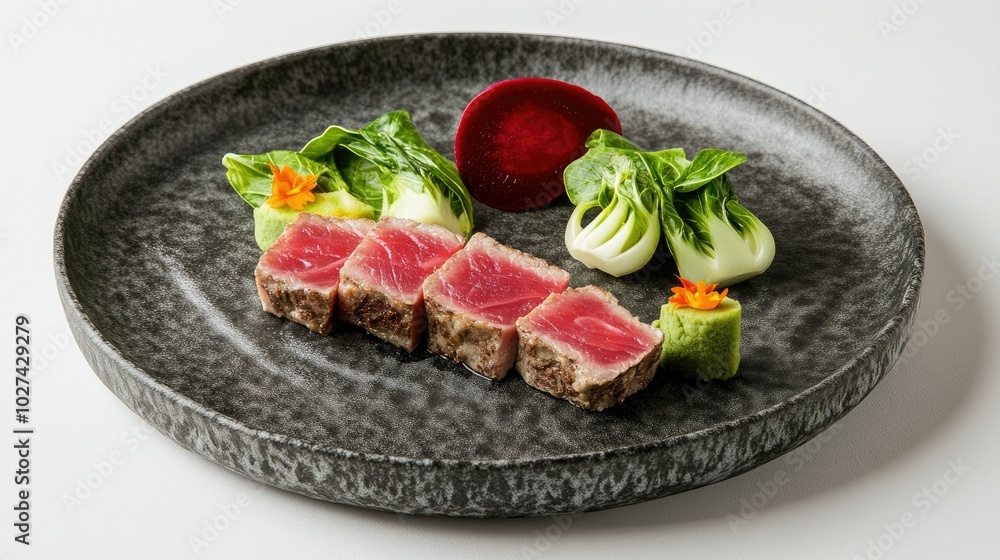 Gourmet Tuna Dish with Fresh Vegetables and Presentation Gourmet Tuna Dish with Fresh Vegetables and Presentation