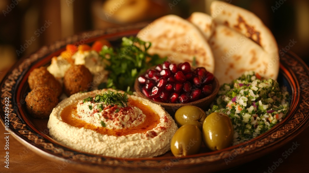 A platter of Middle Eastern food with hummus, falafel, pita bread, olives, pomegranate seeds, and a salad. A platter of Middle Eastern food with hummus, falafel, pita bread, olives, pomegranate seeds, and a salad.