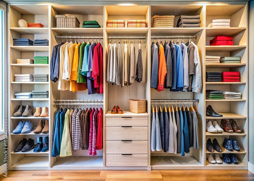 Organized Capsule Wardrobe in a Neat Closet with Tilt-Shift Focus for Storage System Inspiration Organized Capsule Wardrobe in a Neat Closet with Tilt-Shift Focus for Storage System Inspiration