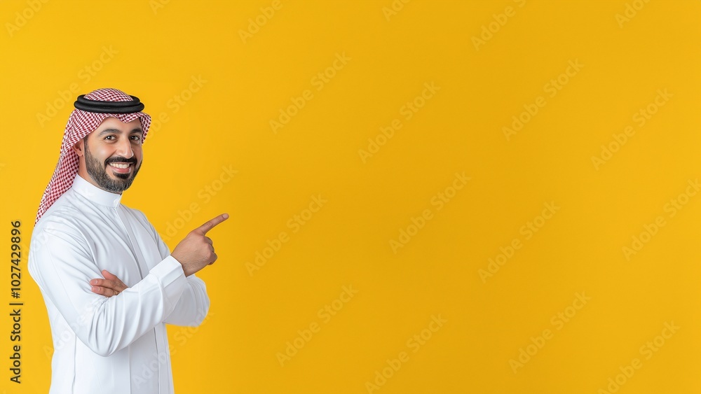 Freundlicher Araber gestikuliert, Gelber Hintergrund, Werbeplakat mit Textfreiraum, Diverse Geschäftsleute, Marketing Konzept, Lächelnder Mann in traditioneller Kleidung Freundlicher Araber gestikuliert, Gelber Hintergrund, Werbeplakat mit Textfreiraum, Diverse Geschäftsleute, Marketing Konzept, Lächelnder Mann in traditioneller Kleidung