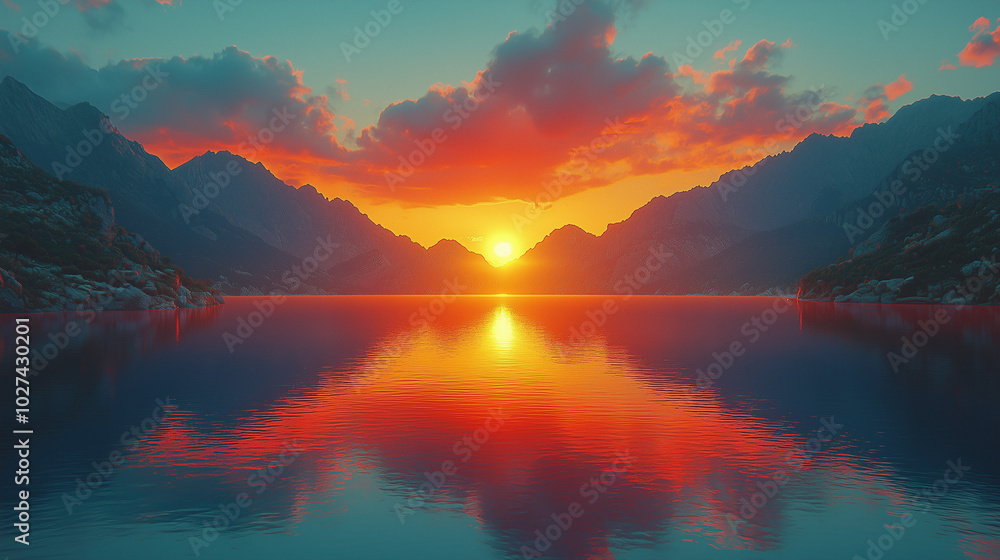 Fototapeta premium fiery sunset over a calm lake with rugged mountain ranges casting a stunning reflection