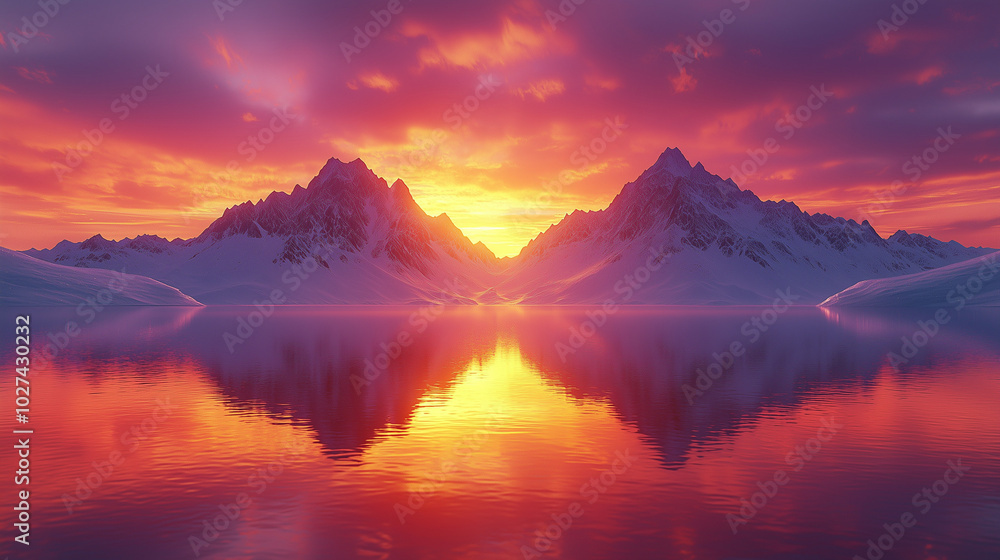 Fototapeta premium glacial sunset mirrored in a tranquil arctic lake between snow-capped mountain peaks