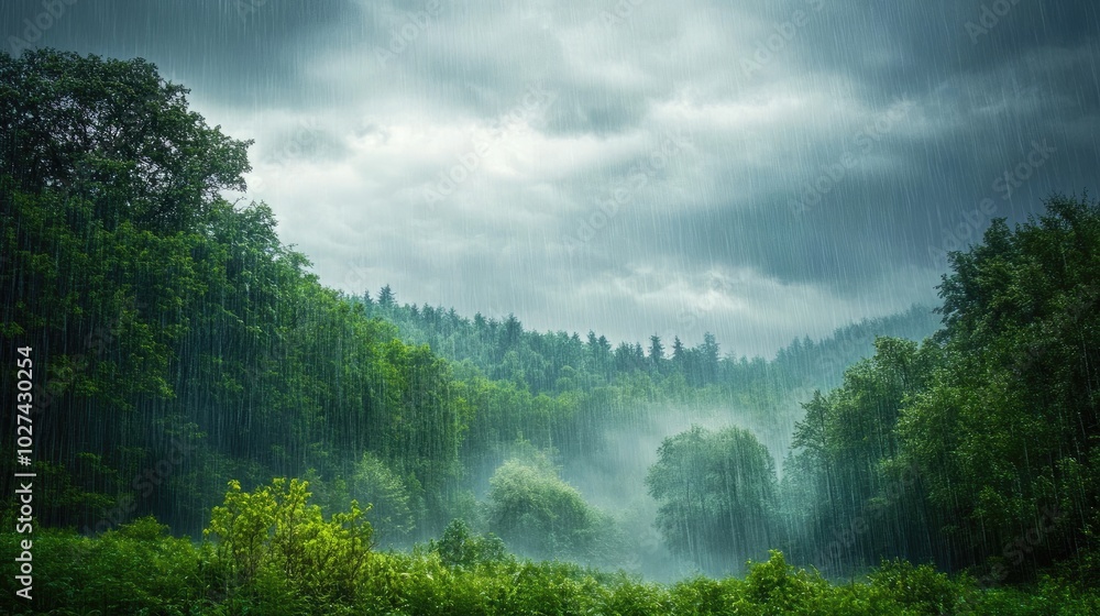 A tranquil rainy day with light showers over a lush green forest, mist rising from the ground and clouds overhead A tranquil rainy day with light showers over a lush green forest, mist rising from the ground and clouds overhead