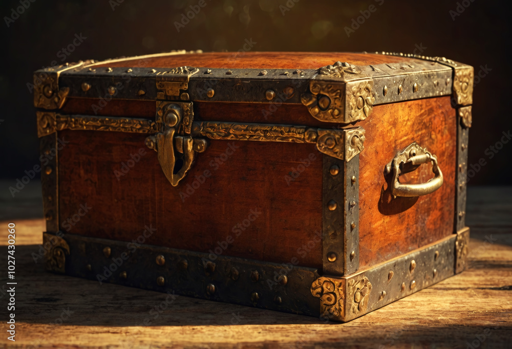 Old wooden chest with bronze locks. Generative AI Old wooden chest with bronze locks. Generative AI