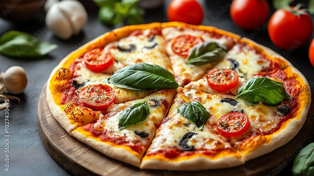 A delicious pizza with melted cheese, fresh tomatoes and basil. The pizza is on a wooden board and is ready to be eaten. A delicious pizza with melted cheese, fresh tomatoes and basil. The pizza is on a wooden board and is ready to be eaten.