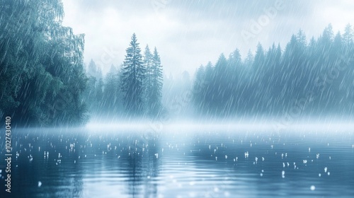 A tranquil scene of raindrops falling on a serene lake, with a misty forest in the background and a calm, cloudy sky