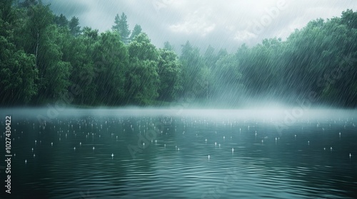 A tranquil scene of raindrops falling on a serene lake, with a misty forest in the background and a calm, cloudy sky