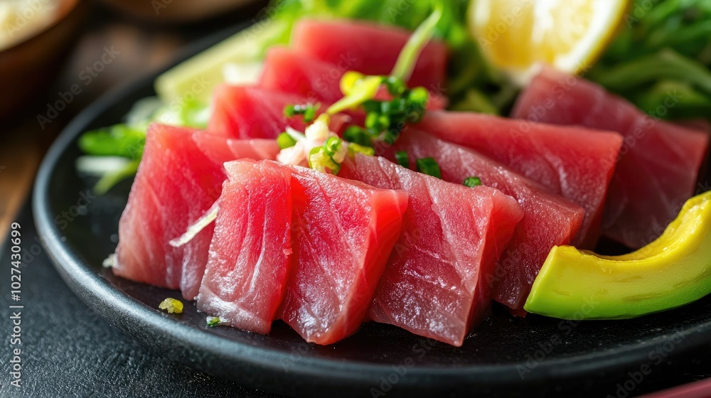 Fresh Slices of Tuna on a Black Plate Fresh Slices of Tuna on a Black Plate