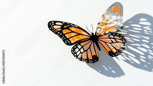 Elegant Monarch Butterfly with Intricate Wing Patterns and Shadow on White Background