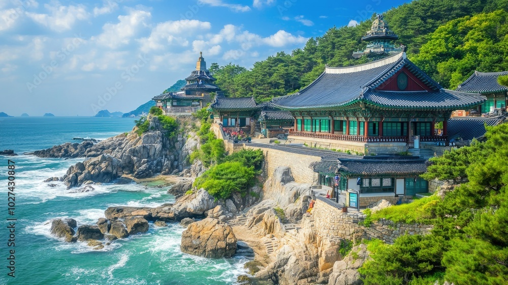 Scenic Coastal Temple with Lush Greenery and Blue Sky Scenic Coastal Temple with Lush Greenery and Blue Sky