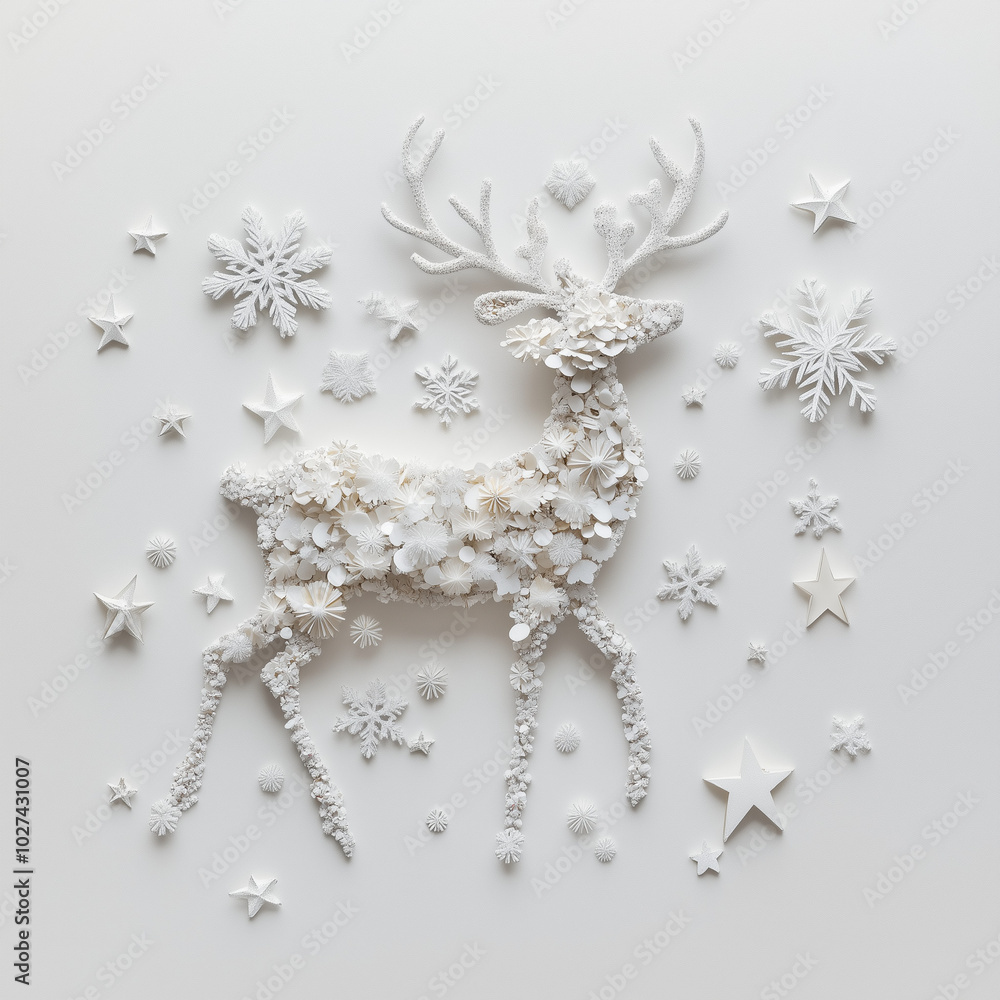 Winter natural leaves, branches, snowflakes and stars in shape of Christmas reindeer. Holiday concept background. Flat lay. Winter natural leaves, branches, snowflakes and stars in shape of Christmas reindeer. Holiday concept background. Flat lay.