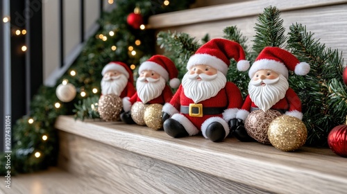 Festive staircase adorned with Santa figurines and bright lights for a joyful holiday season