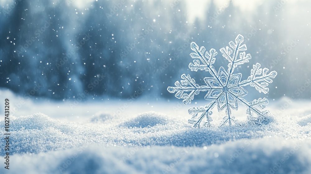 A single snowflake rests on a bed of fresh snow, with a blurred forest in the background. A single snowflake rests on a bed of fresh snow, with a blurred forest in the background.