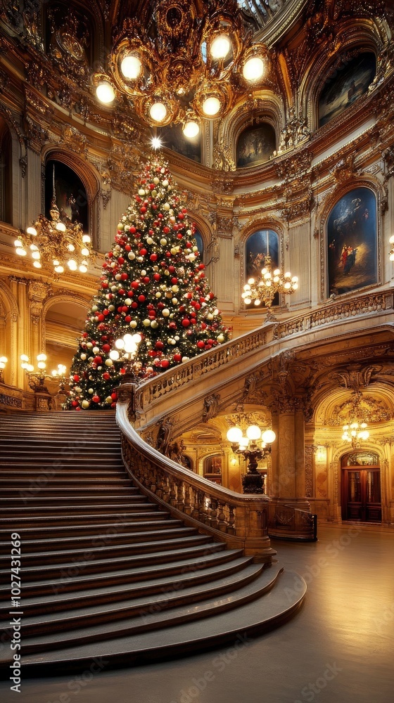 Obraz premium A stunning Christmas tree adorned with red and white ornaments graces the elegant mansion's living room during the holiday season