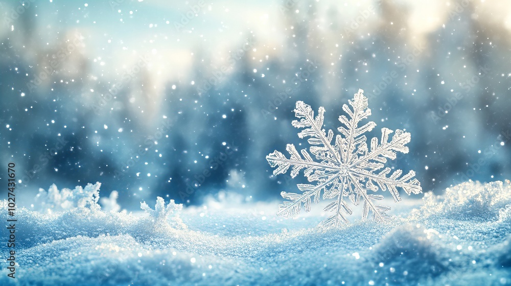 A single snowflake rests on a bed of fresh snow, with a soft blue background of blurred trees. The light shines through the snow, making it sparkle. A single snowflake rests on a bed of fresh snow, with a soft blue background of blurred trees. The light shines through the snow, making it sparkle.