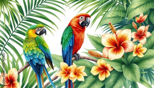 Parrots lovebirds, palm leaves, tropical flowers: turmeric, orchid, hibiscus in watercolor botanical illustration AI Generate