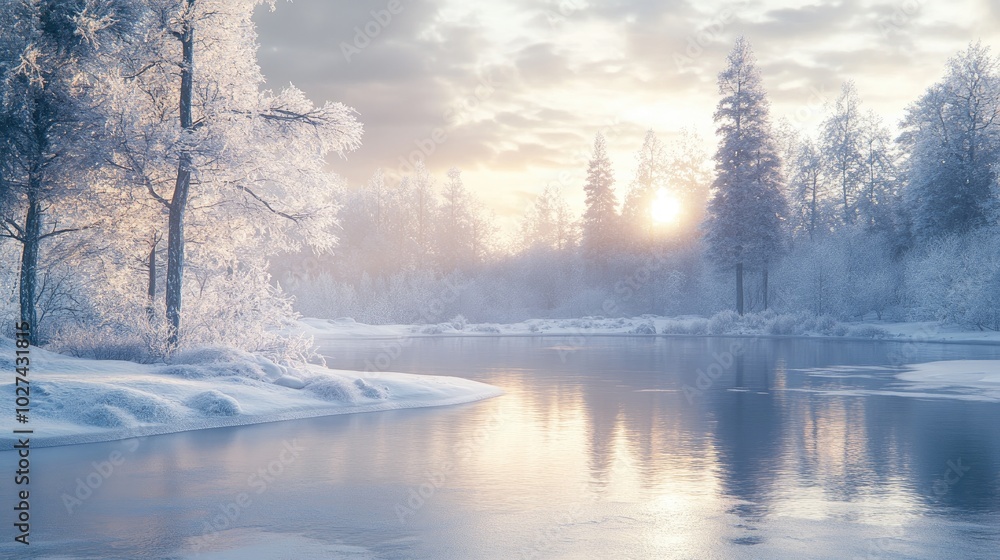 Beautiful winter scenery with frost-covered trees and a frozen lake, reflecting the soft glow of the winter sun Beautiful winter scenery with frost-covered trees and a frozen lake, reflecting the soft glow of the winter sun