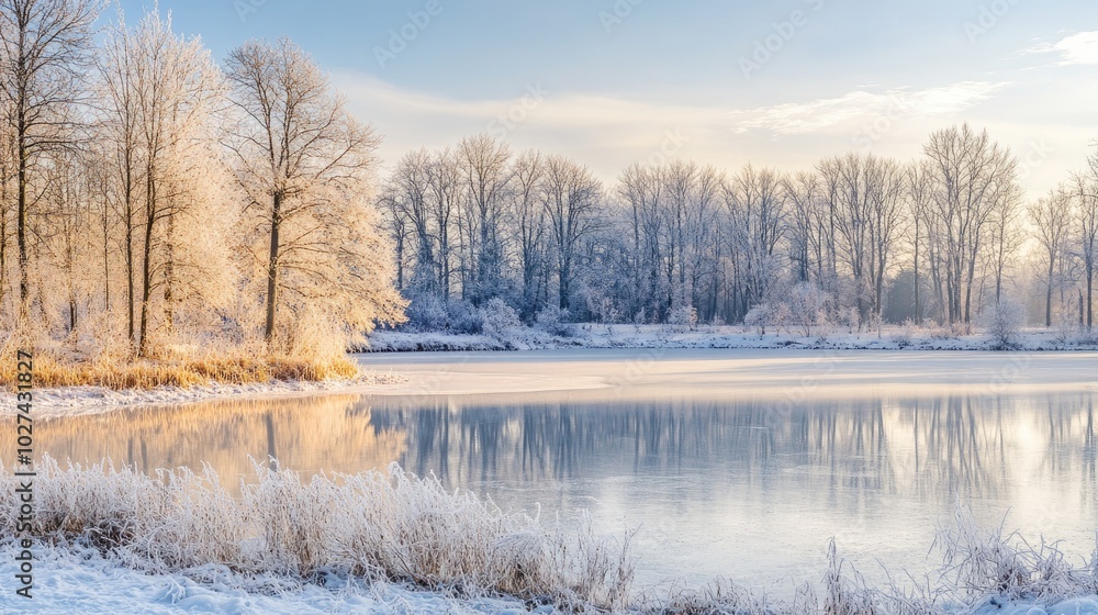 Beautiful winter scenery with frost-covered trees and a frozen lake, reflecting the soft glow of the winter sun Beautiful winter scenery with frost-covered trees and a frozen lake, reflecting the soft glow of the winter sun