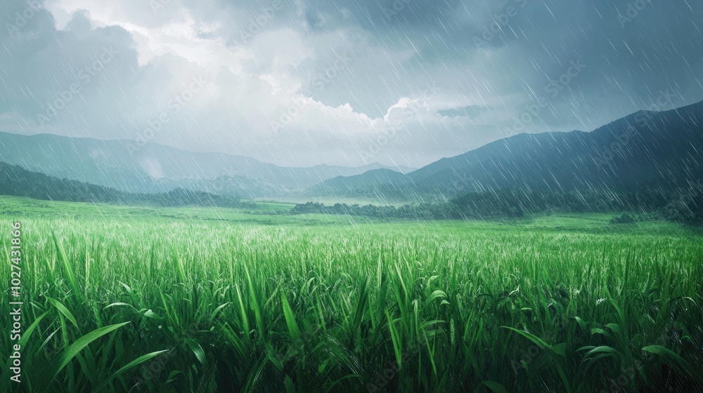 Lush green fields under a light rain, with misty mountains and soft clouds rolling across the horizon, creating a tranquil scene Lush green fields under a light rain, with misty mountains and soft clouds rolling across the horizon, creating a tranquil scene