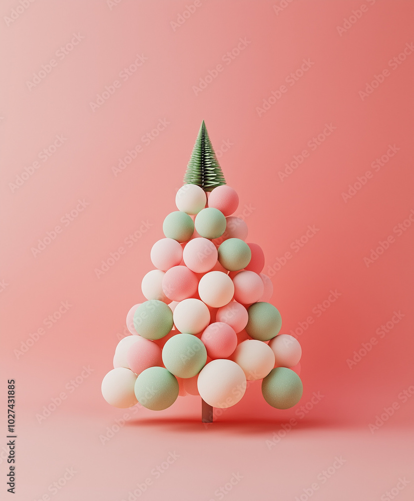 Bunch of miniature Christmas trees creating a larger one against pastel coral backdrop. Colorful Xmas background Bunch of miniature Christmas trees creating a larger one against pastel coral backdrop. Colorful Xmas background